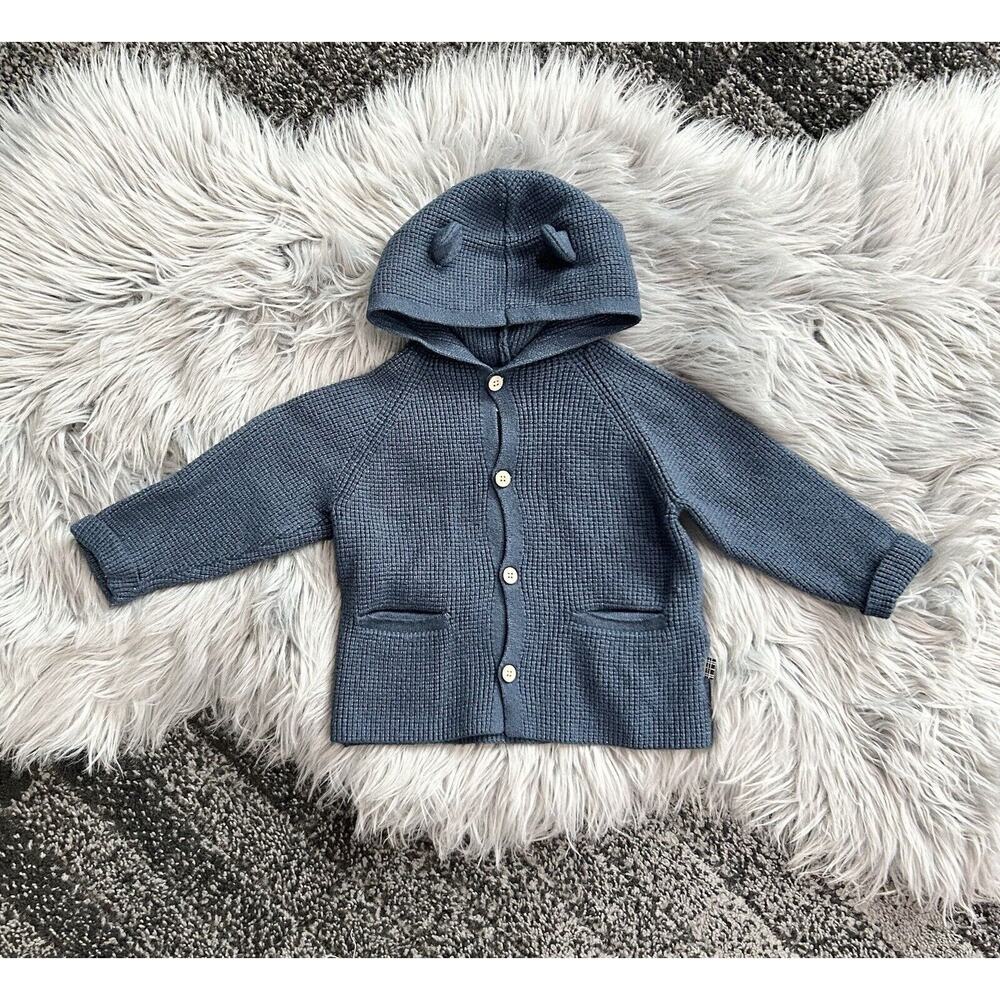 Zara Baby Heathered‎ Navy Knit Button Up Teddy Bear Sweater Size 9-12month EUC
